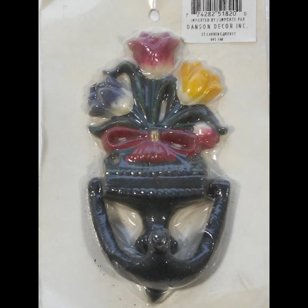Vintage Cast Iron Flower Tulips Door Knocker green blue red yellow NEW OLD STOCK - Picture 2 of 3